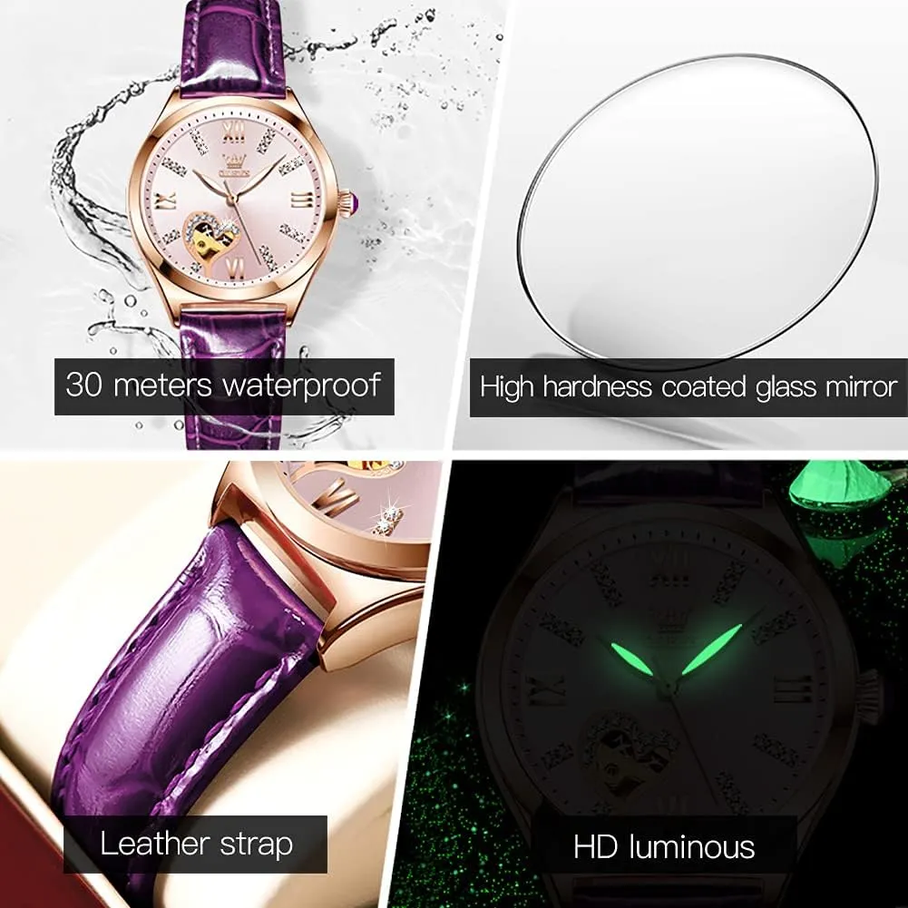 OLEVS Watches for Women Automatic Ladies Watch Mechanical Leather Strap Self-Winding Diamond dial Waterproof