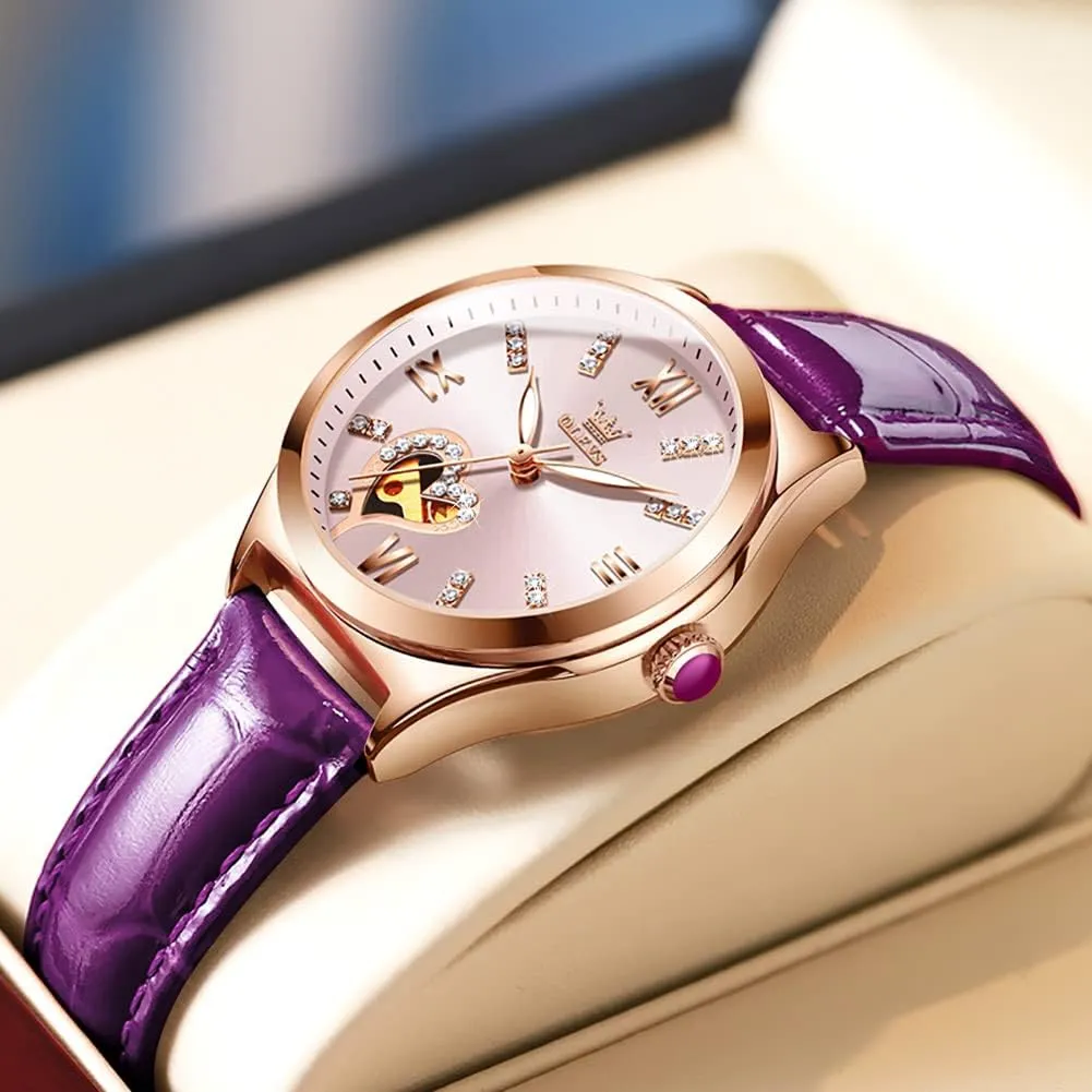 OLEVS Watches for Women Automatic Ladies Watch Mechanical Leather Strap Self-Winding Diamond dial Waterproof