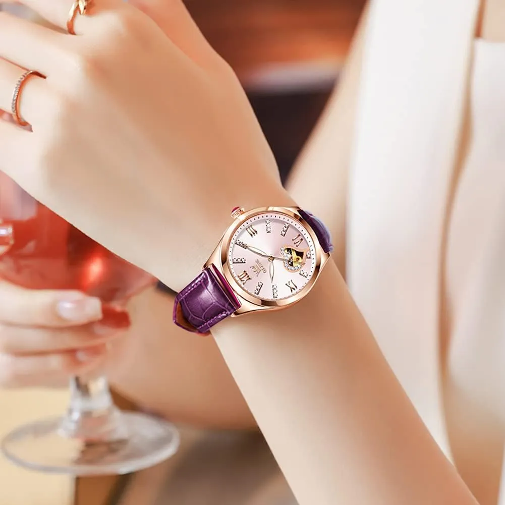 OLEVS Watches for Women Automatic Ladies Watch Mechanical Leather Strap Self-Winding Diamond dial Waterproof
