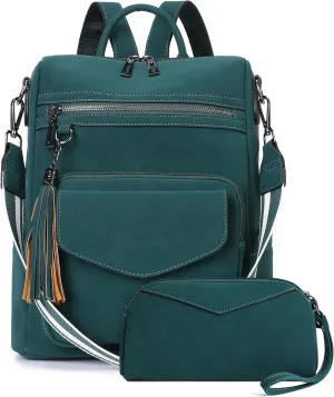 OPAGE Backpack Purse for Women Leather Anti-theft Fashion Designer Travel Backpack Ladies Shoulder Bags With Wristlet (Vintage Dark Green)