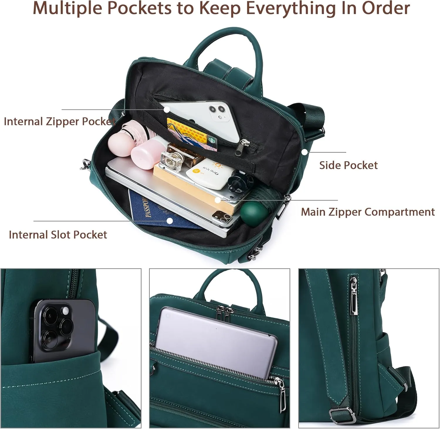 OPAGE Backpack Purse for Women Leather Anti-theft Fashion Designer Travel Backpack Ladies Shoulder Bags With Wristlet (Vintage Dark Green)