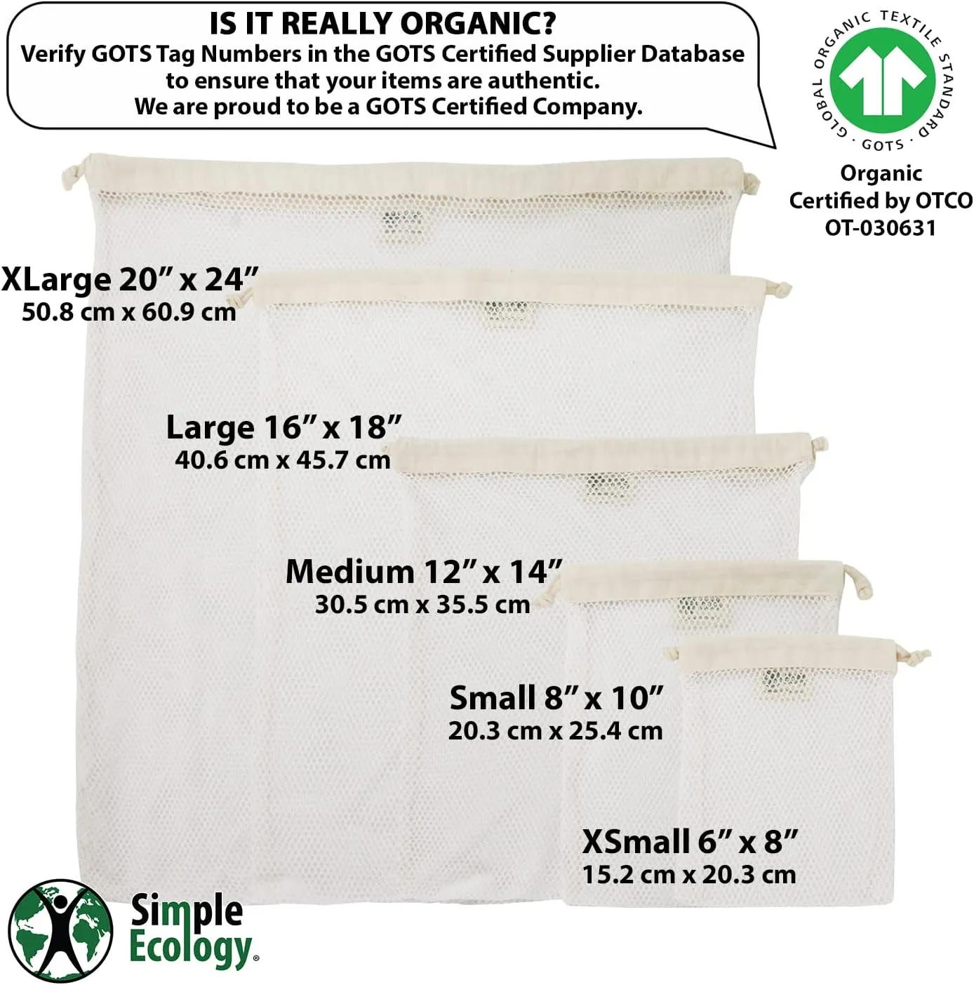 Organic Cotton Mesh Laundry Bag; Machine Washing Bags for Delicates, Lingerie and Garments, Large 2 pack