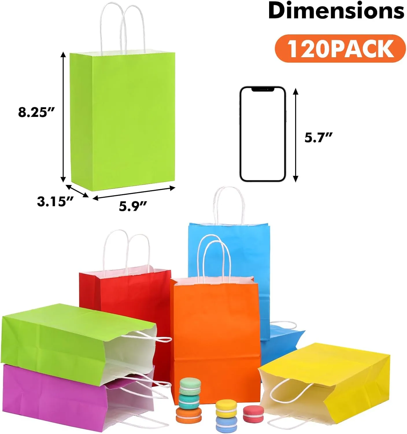 OUTUXED 120pcs Paper Gift Bags with Handles Bulk, 6 Colors Party Favor Bags, 5.9"x3.15"x8.25" Small Goodie Bags Gift Bags for Birthday Party and Party Supplies