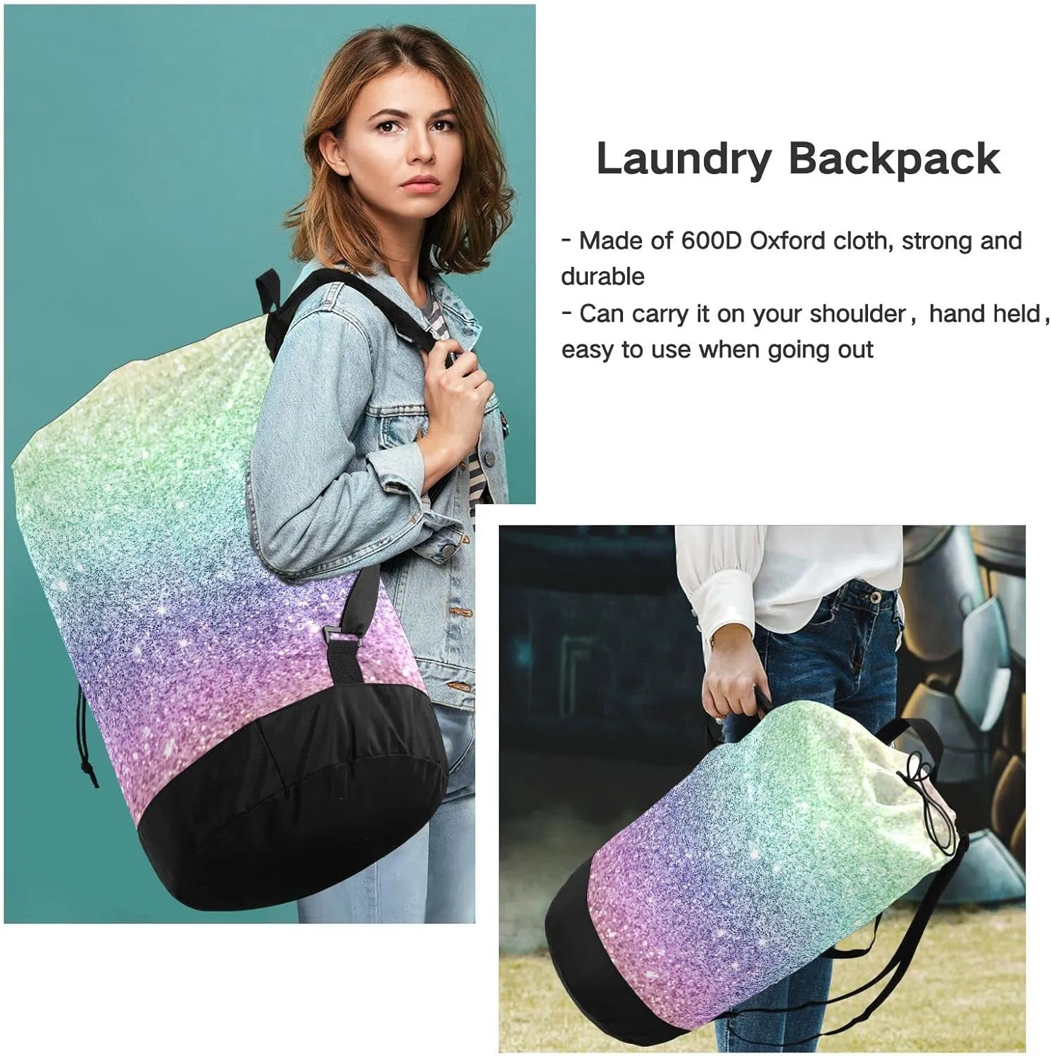 Oyihfvs Rainbow Multi-Colored Glitter and Glare Pattern Backpack Laundry Bag, Laundry Backpack with Shoulder Straps, Waterproof Nylon Clothes Hamper Bag for Men Women Yoga Backpack