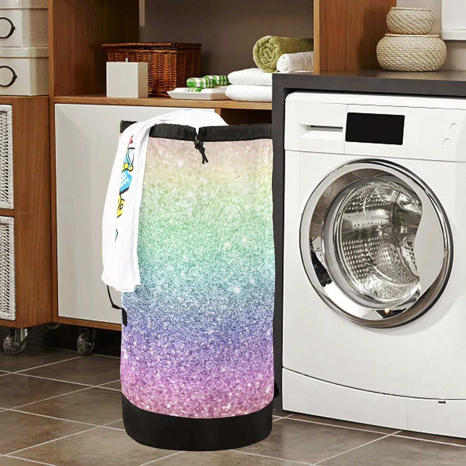 Oyihfvs Rainbow Multi-Colored Glitter and Glare Pattern Backpack Laundry Bag, Laundry Backpack with Shoulder Straps, Waterproof Nylon Clothes Hamper Bag for Men Women Yoga Backpack