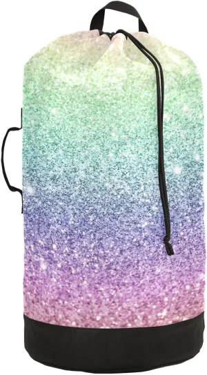 Oyihfvs Rainbow Multi-Colored Glitter and Glare Pattern Backpack Laundry Bag, Laundry Backpack with Shoulder Straps, Waterproof Nylon Clothes Hamper Bag for Men Women Yoga Backpack