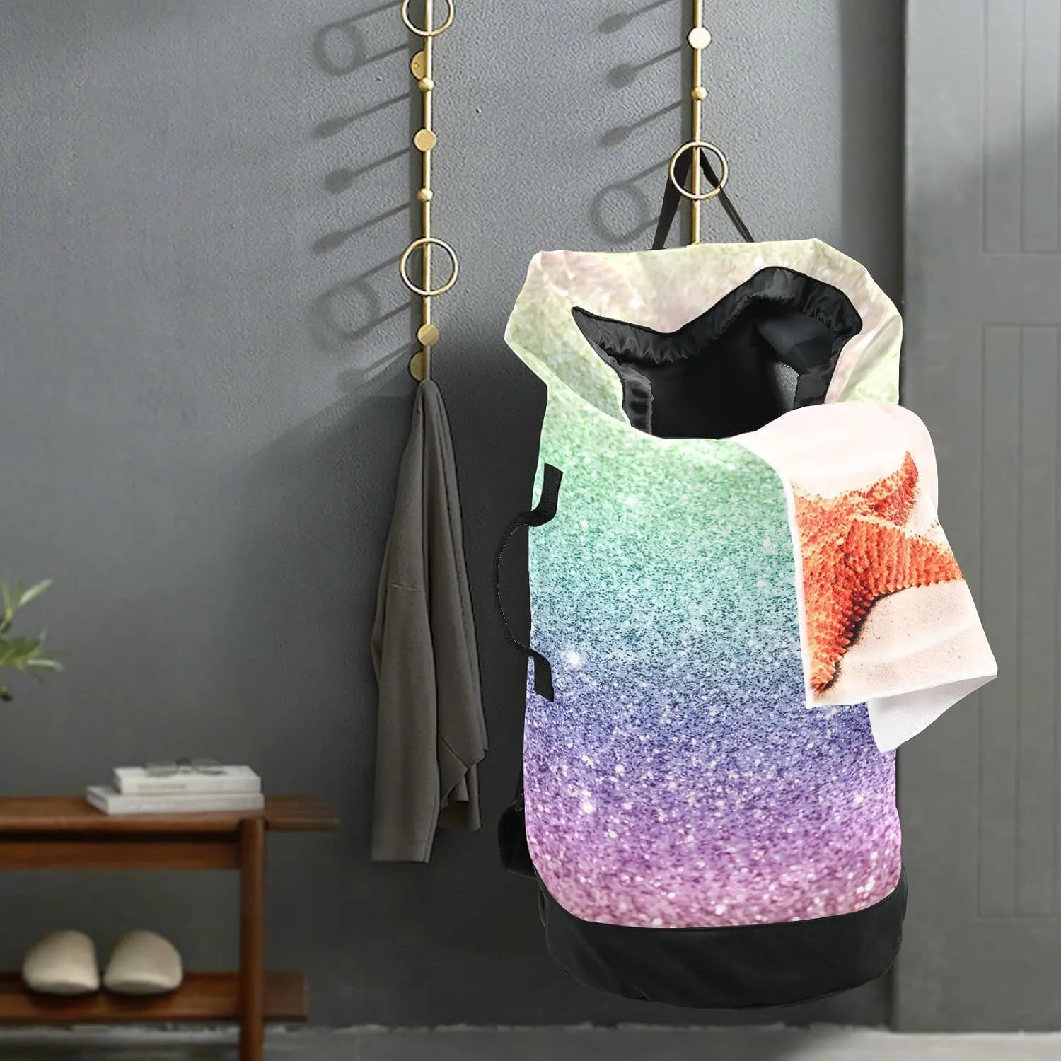 Oyihfvs Rainbow Multi-Colored Glitter and Glare Pattern Backpack Laundry Bag, Laundry Backpack with Shoulder Straps, Waterproof Nylon Clothes Hamper Bag for Men Women Yoga Backpack