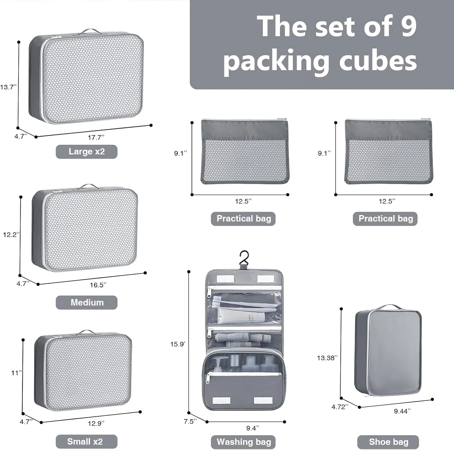 Packing Cubes for Travel 9 Set, Luggage Organizer Bags Travel Bags Organizer for Luggage, Travel Packing Organizers for Clothes Shoes Toiletries Data Cable.(Grey)