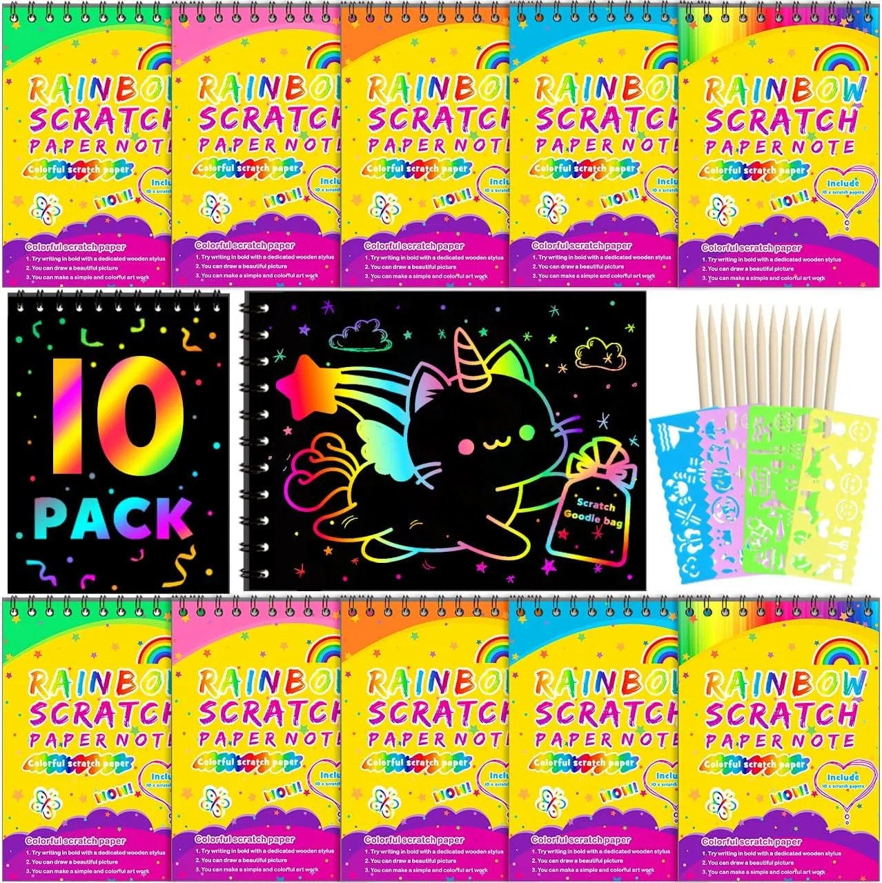 Party Favors for Kids 4-8-12: 10 Pack Scratch Rainbow Art Crafts Notebook, Coloring Book Goodie Bags Stuffers Kit, Bulk Birthday Gift Classroom Prizes Girl Boy Toddler