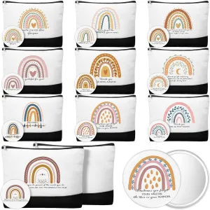 Paterr 20 Pcs Employee Appreciation Gifts Bulk for Women 10 Inspirational Rainbow Canvas Makeup Bags with Zipper and 10 Mini Compact Mirrors Thank You Gifts for Student Teacher Nurse Assistant