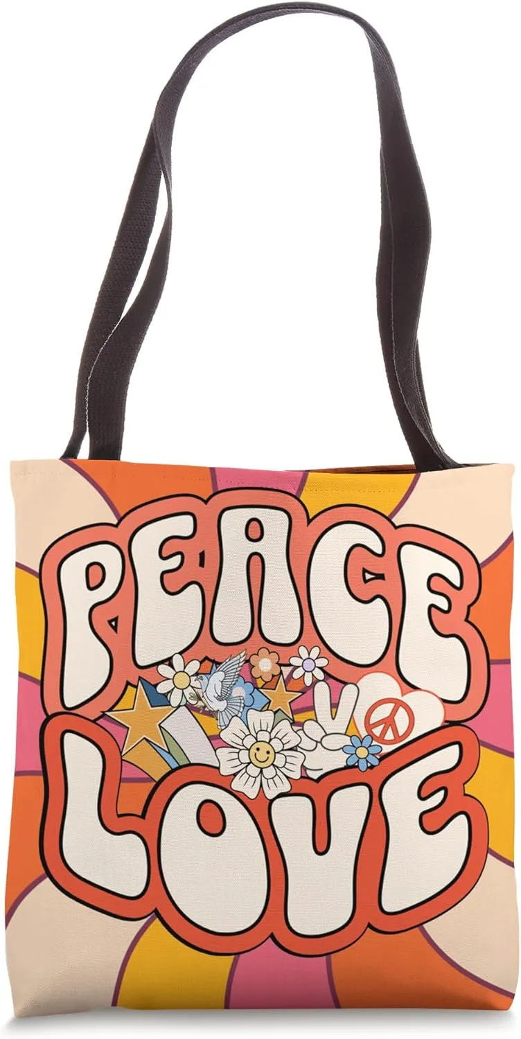 Peace Love Hippy Hippie Groovy 60's 70's Retro Style Tote Bag