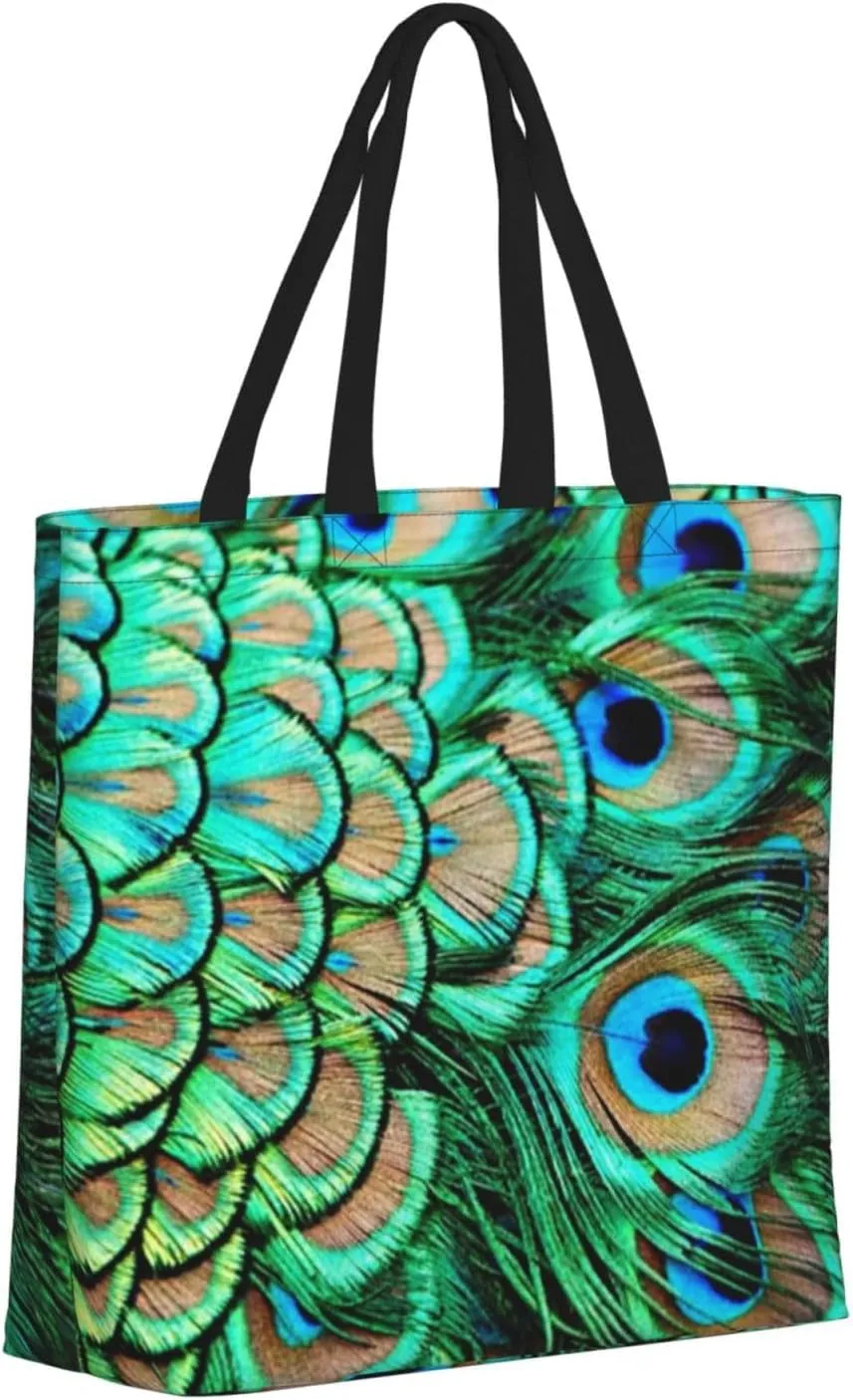 Peacock Canvas Tote Bag for Women with Zipper Large Shoulder Bag Handbag Shopping Bags for Groceries Outdoors Travel