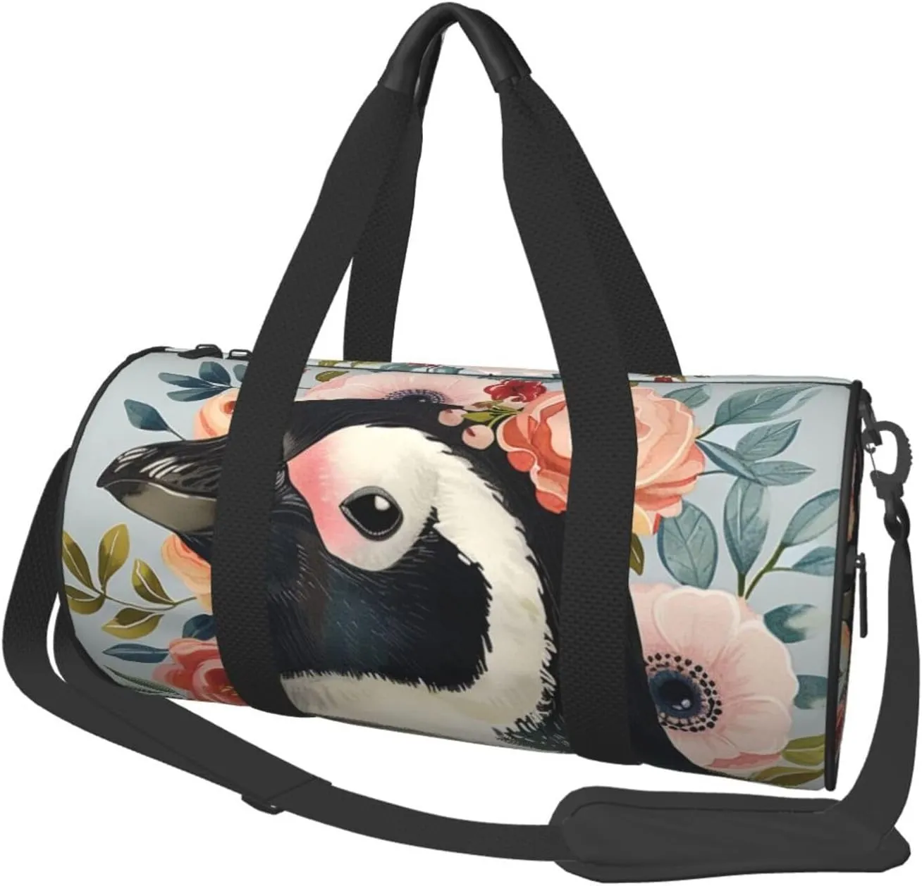 Penguin Wearing Flowers Printed Sports Gym Bag for Men Women Foldable Duffel Bag Carry On Weekender Bag for Travel Sports