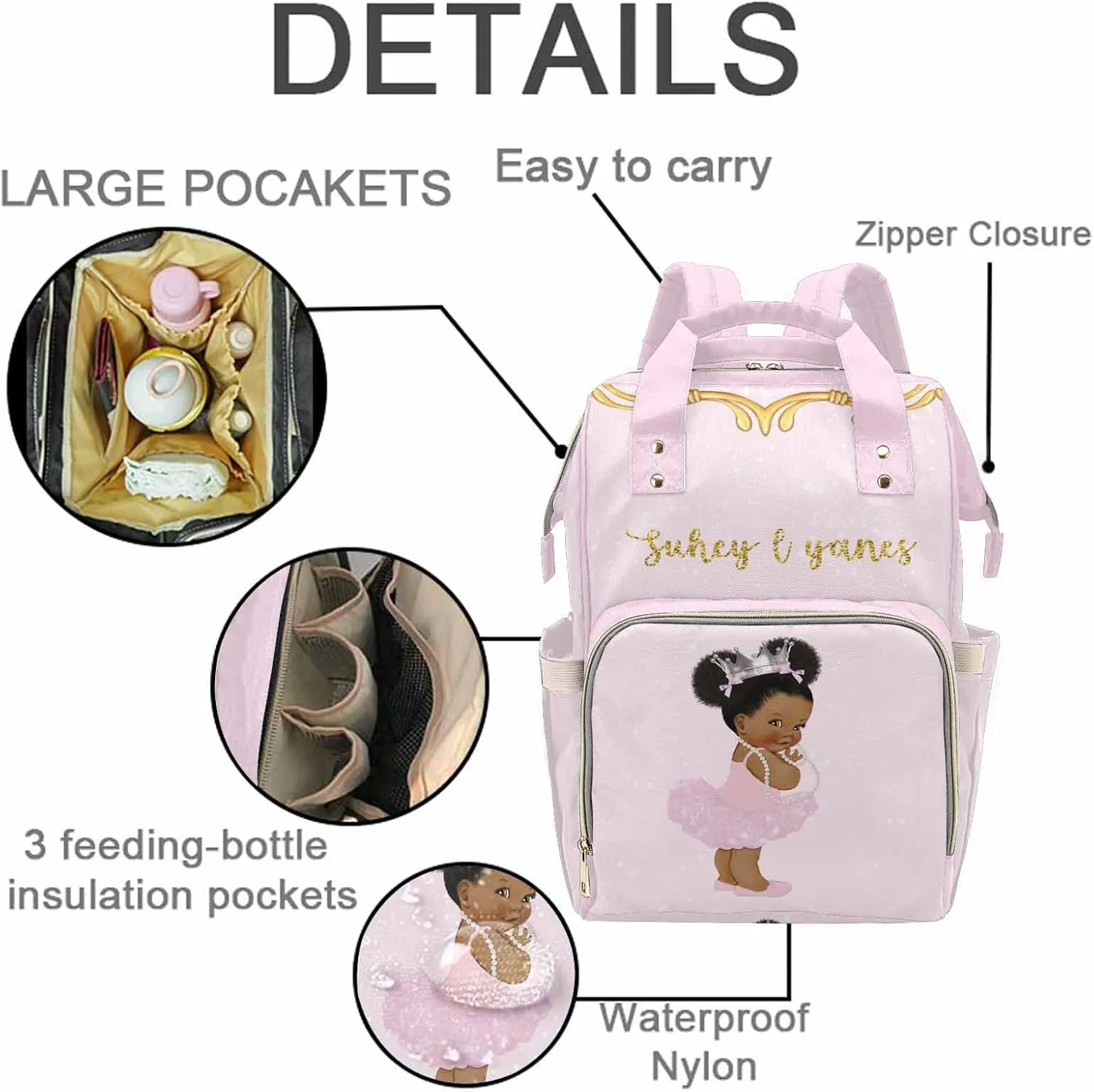 Personalized Pink Diaper Bag Backpack for Mom and Dad, Custom Royal African American Girl Princess Baby Bags for Newborn Daycare Bag for Girl Mom Gift