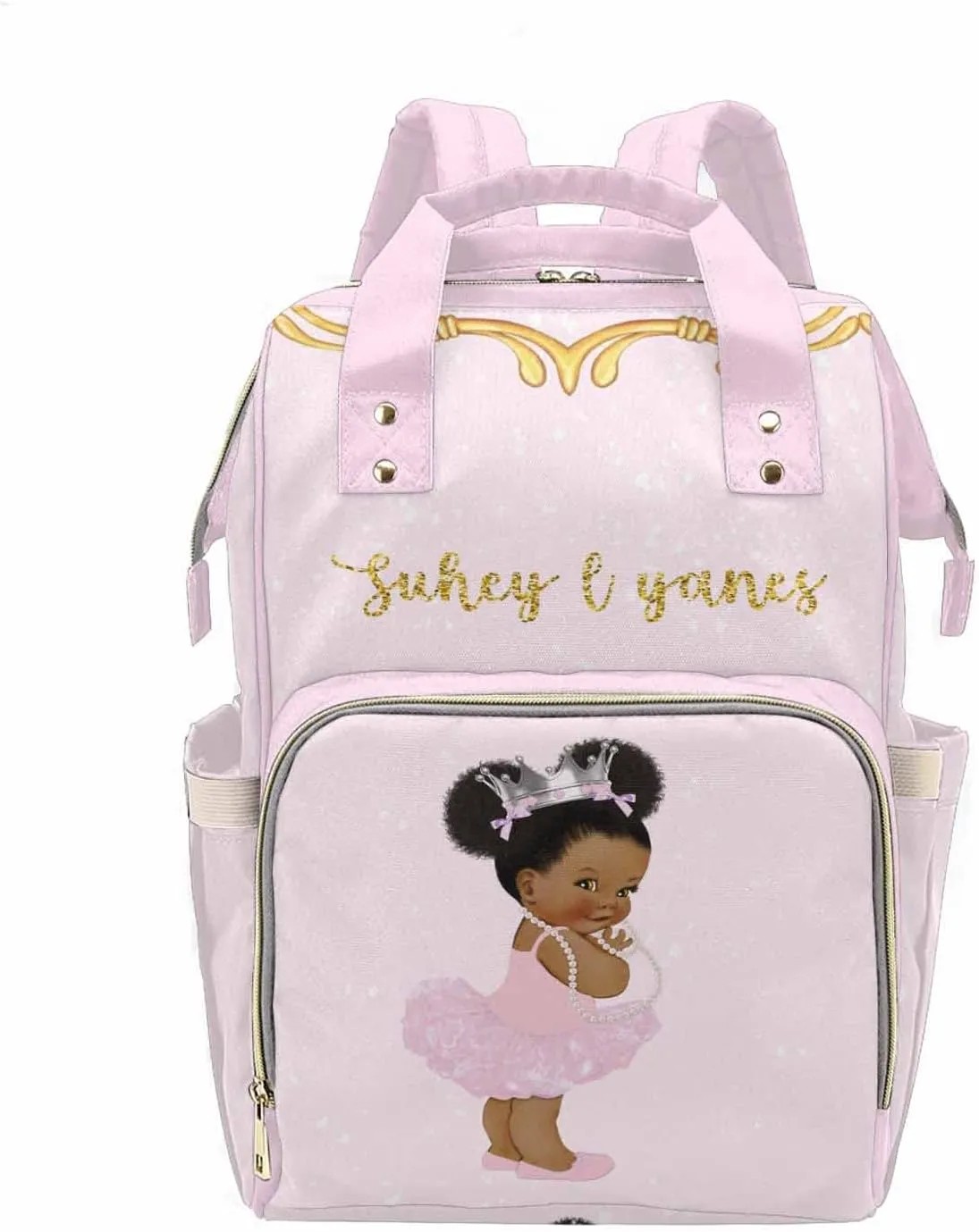 Personalized Pink Diaper Bag Backpack for Mom and Dad, Custom Royal African American Girl Princess Baby Bags for Newborn Daycare Bag for Girl Mom Gift
