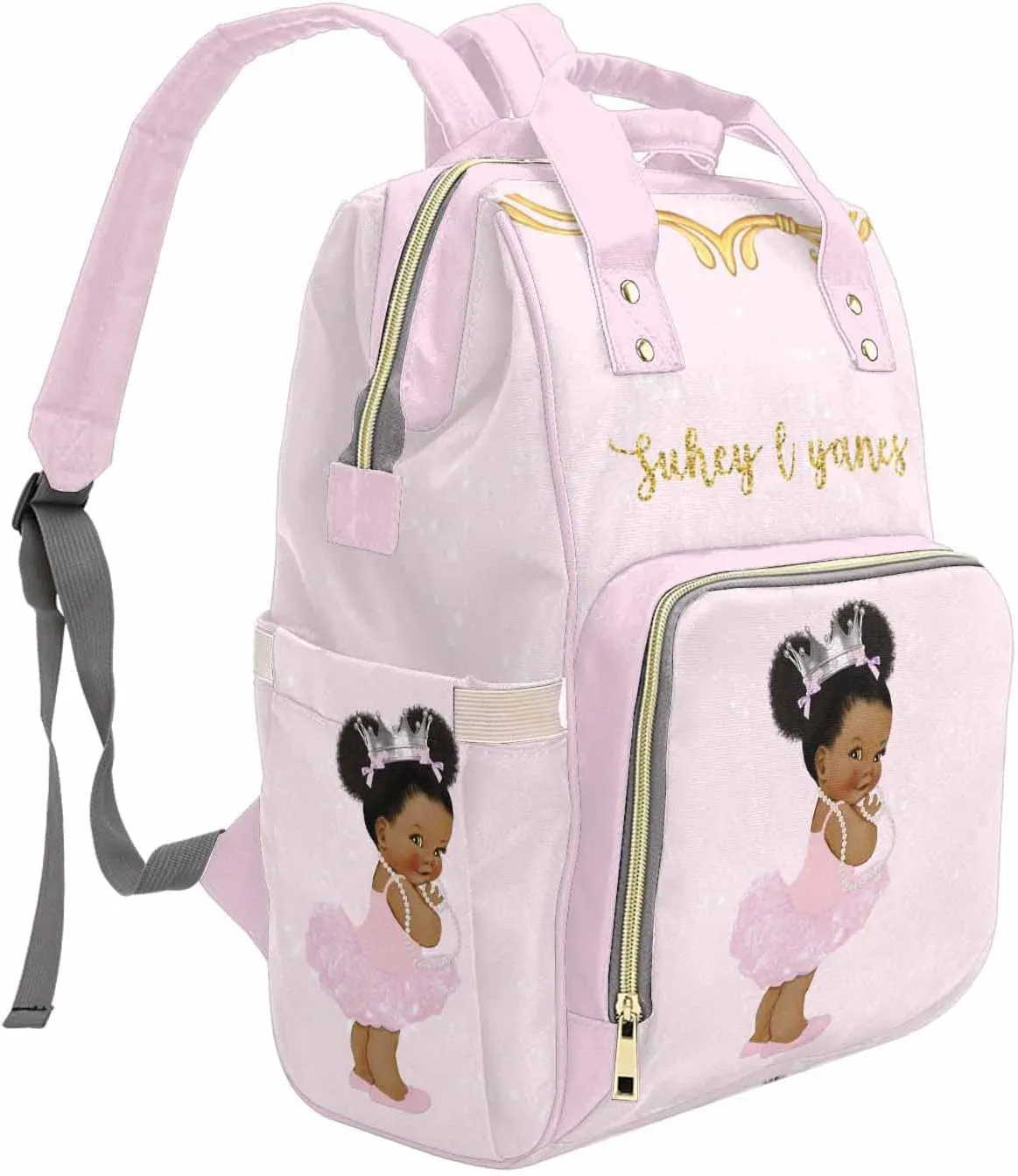 Personalized Pink Diaper Bag Backpack for Mom and Dad, Custom Royal African American Girl Princess Baby Bags for Newborn Daycare Bag for Girl Mom Gift
