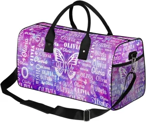 Personalized Sport Dance Bag Custom Duffle Bag, Butterfly Gym Bag Customized Travel Duffel Bag with Name White, Watercolor Purple Galaxy Background
