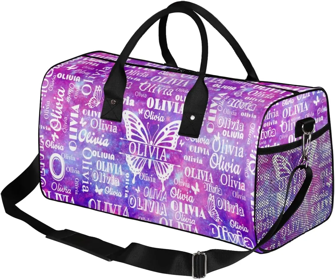 Personalized Sport Dance Bag Custom Duffle Bag, Butterfly Gym Bag Customized Travel Duffel Bag with Name White, Watercolor Purple Galaxy Background