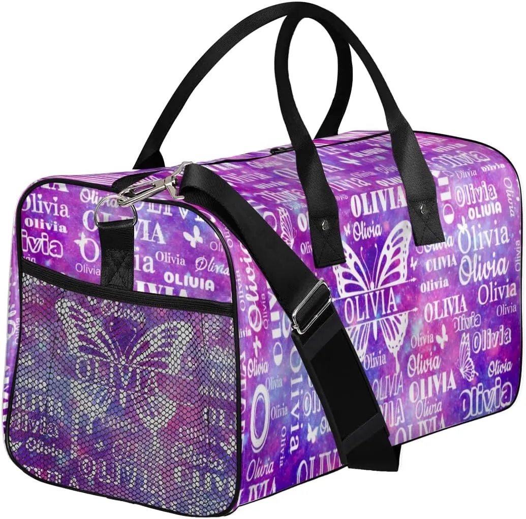 Personalized Sport Dance Bag Custom Duffle Bag, Butterfly Gym Bag Customized Travel Duffel Bag with Name White, Watercolor Purple Galaxy Background