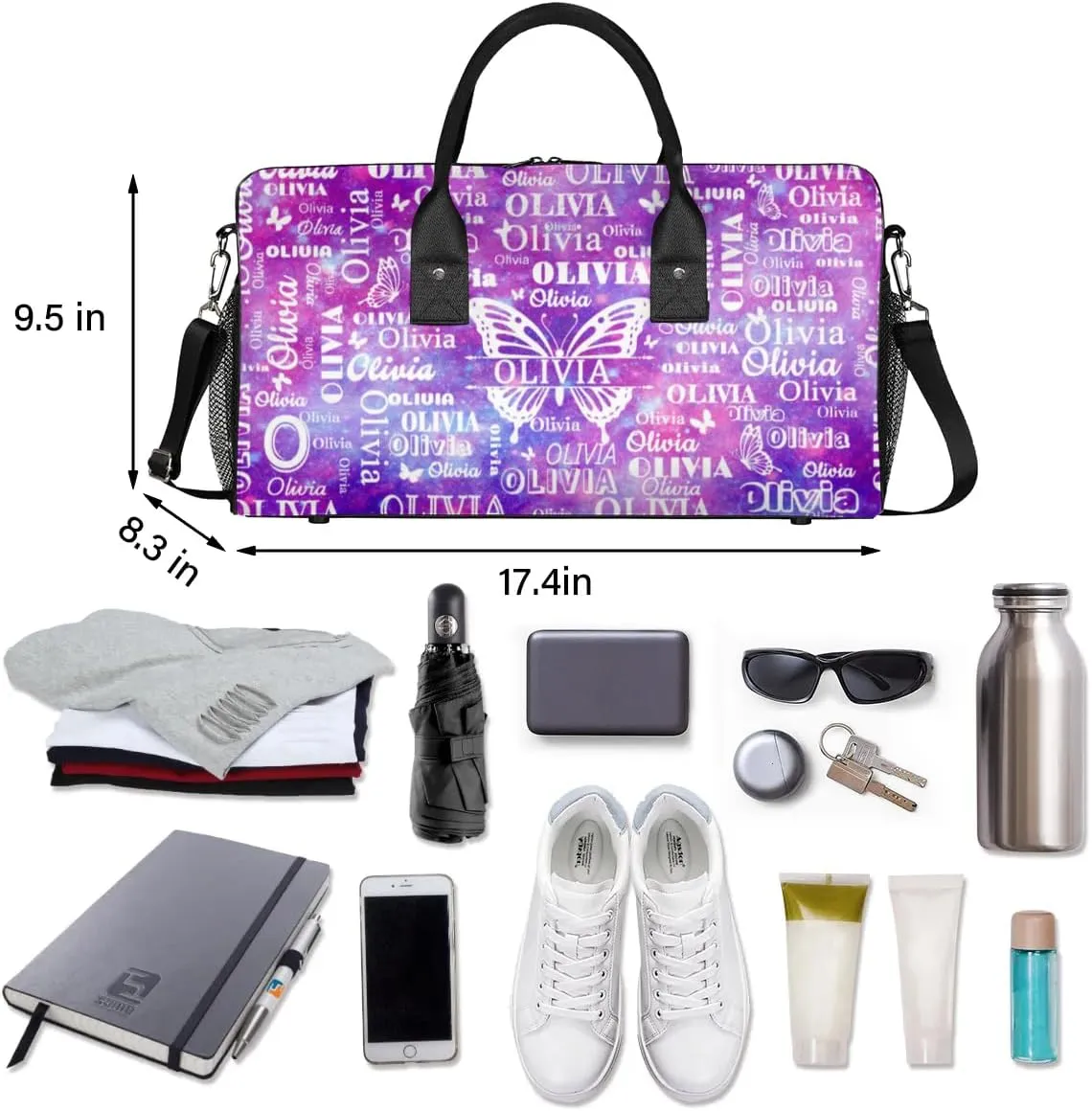 Personalized Sport Dance Bag Custom Duffle Bag, Butterfly Gym Bag Customized Travel Duffel Bag with Name White, Watercolor Purple Galaxy Background