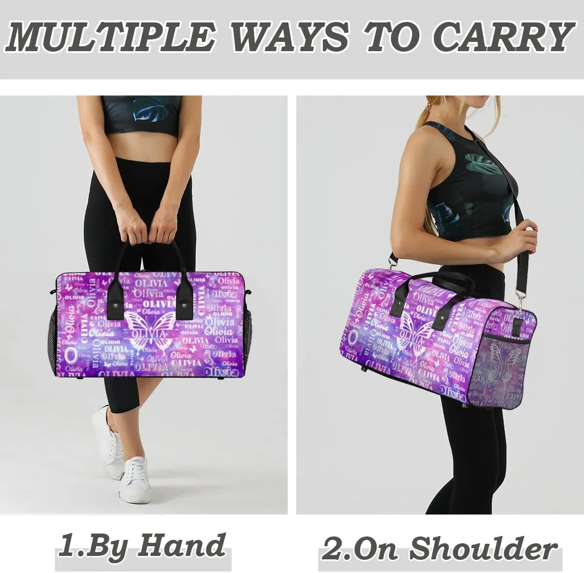 Personalized Sport Dance Bag Custom Duffle Bag, Butterfly Gym Bag Customized Travel Duffel Bag with Name White, Watercolor Purple Galaxy Background