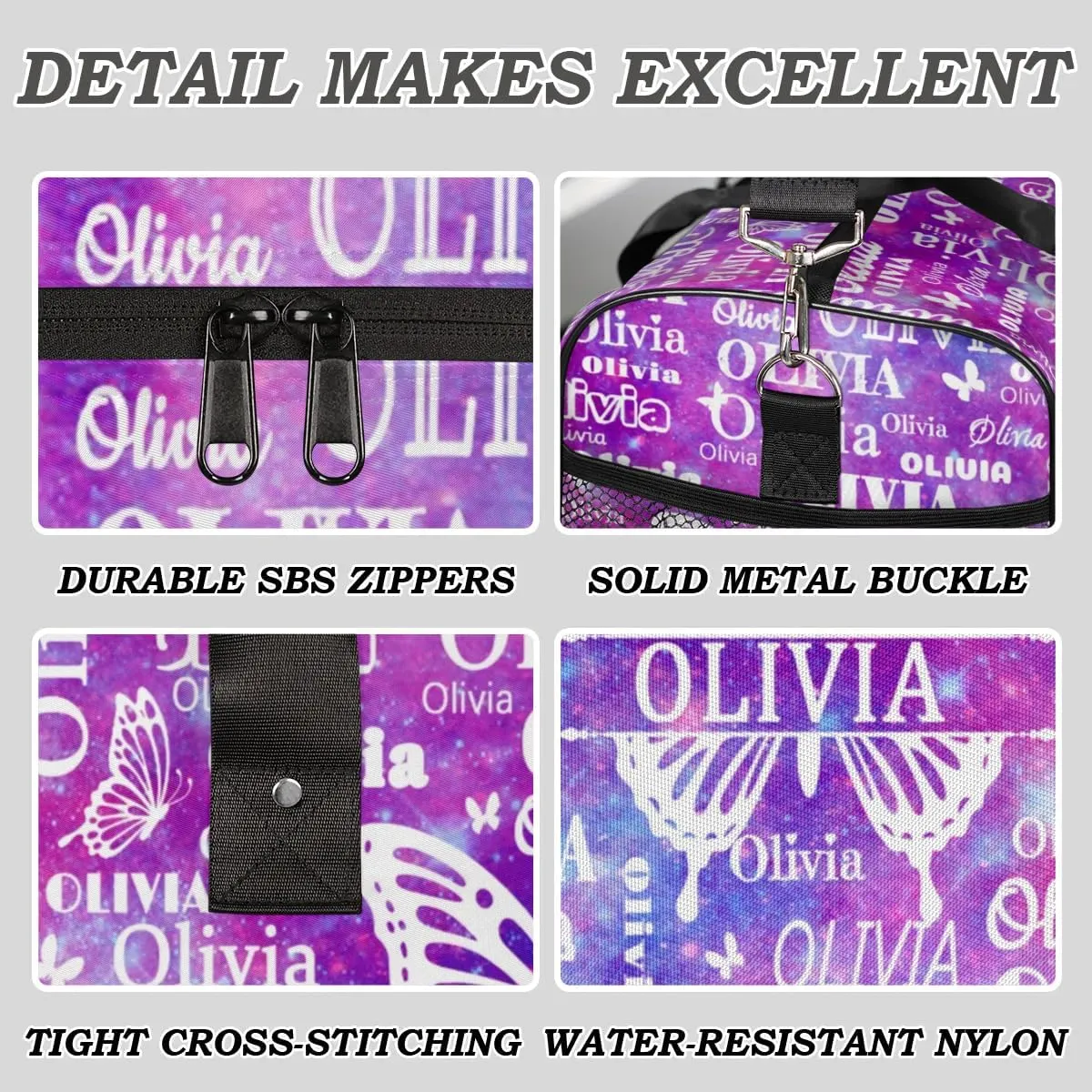 Personalized Sport Dance Bag Custom Duffle Bag, Butterfly Gym Bag Customized Travel Duffel Bag with Name White, Watercolor Purple Galaxy Background