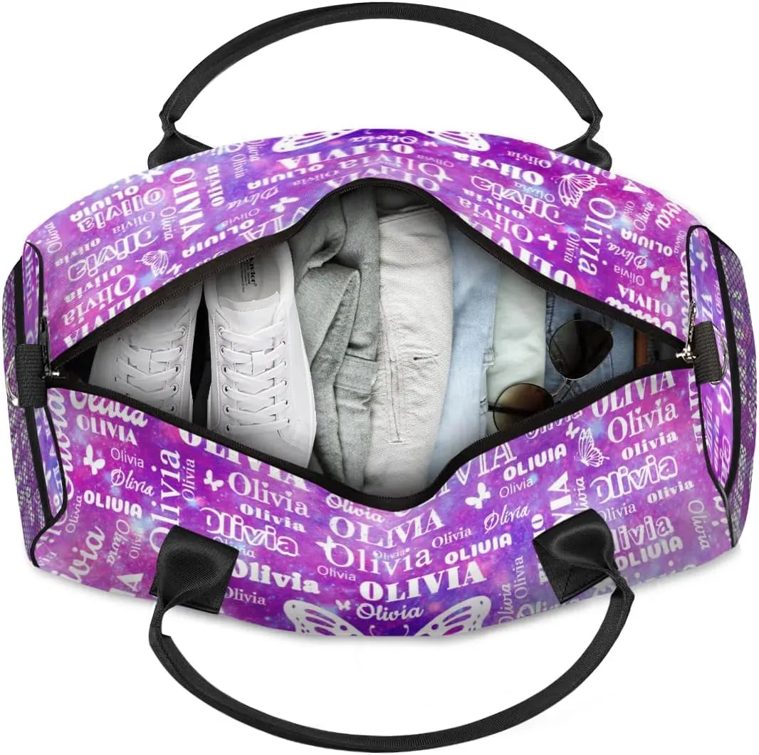 Personalized Sport Dance Bag Custom Duffle Bag, Butterfly Gym Bag Customized Travel Duffel Bag with Name White, Watercolor Purple Galaxy Background