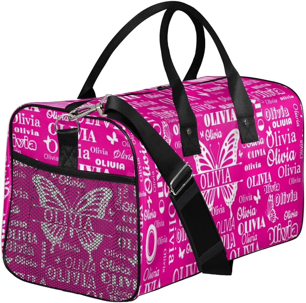 Personalized Teens Sport Duffle Gymnastics Bag, Custom Names Butterflies Carry On Weekender Bag for Women Men Travel Business Trip, Rosy Pink Background