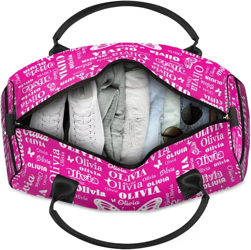 Personalized Teens Sport Duffle Gymnastics Bag, Custom Names Butterflies Carry On Weekender Bag for Women Men Travel Business Trip, Rosy Pink Background