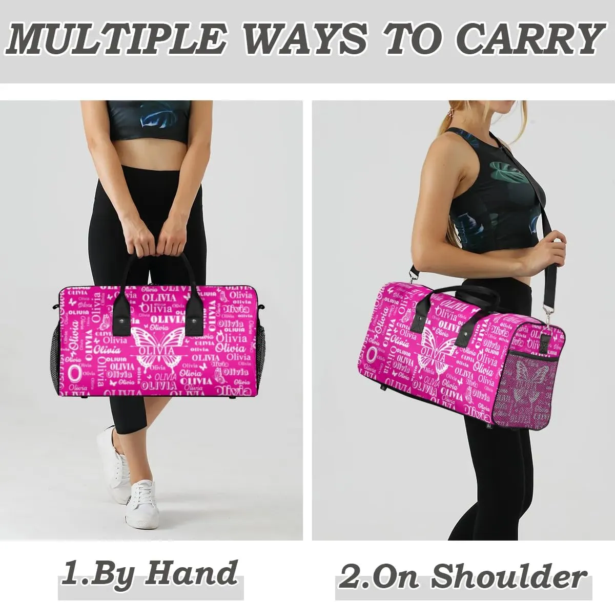 Personalized Teens Sport Duffle Gymnastics Bag, Custom Names Butterflies Carry On Weekender Bag for Women Men Travel Business Trip, Rosy Pink Background