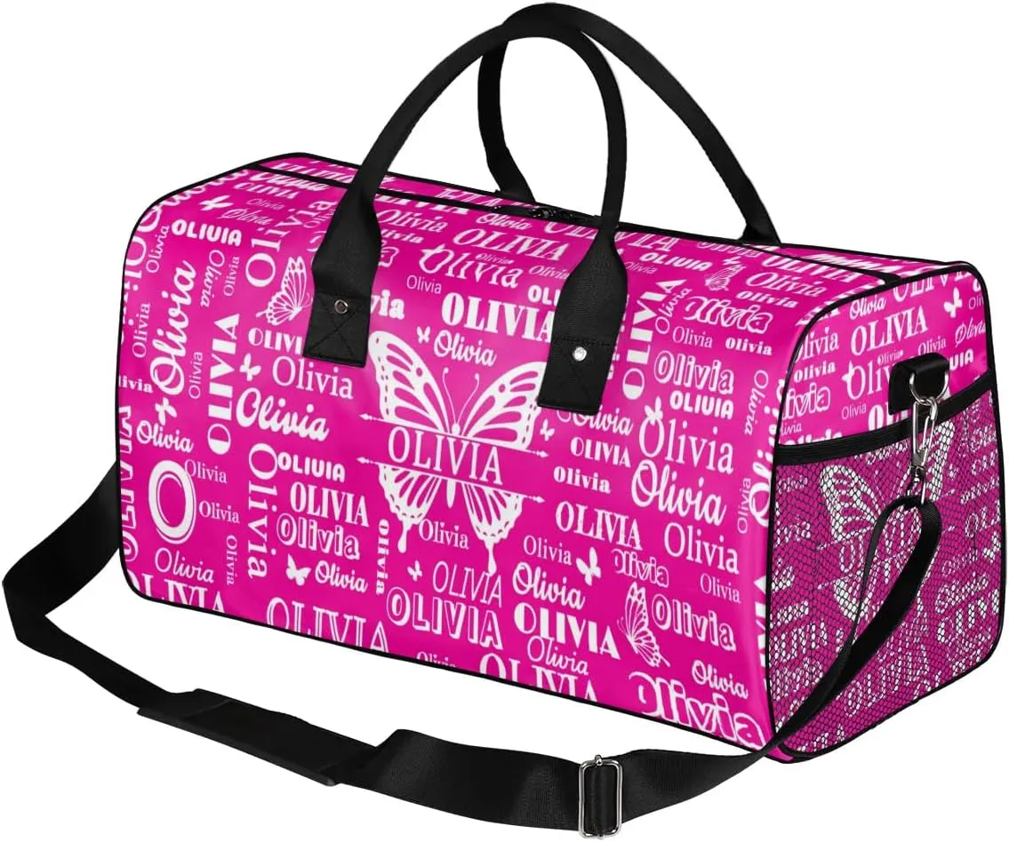 Personalized Teens Sport Duffle Gymnastics Bag, Custom Names Butterflies Carry On Weekender Bag for Women Men Travel Business Trip, Rosy Pink Background