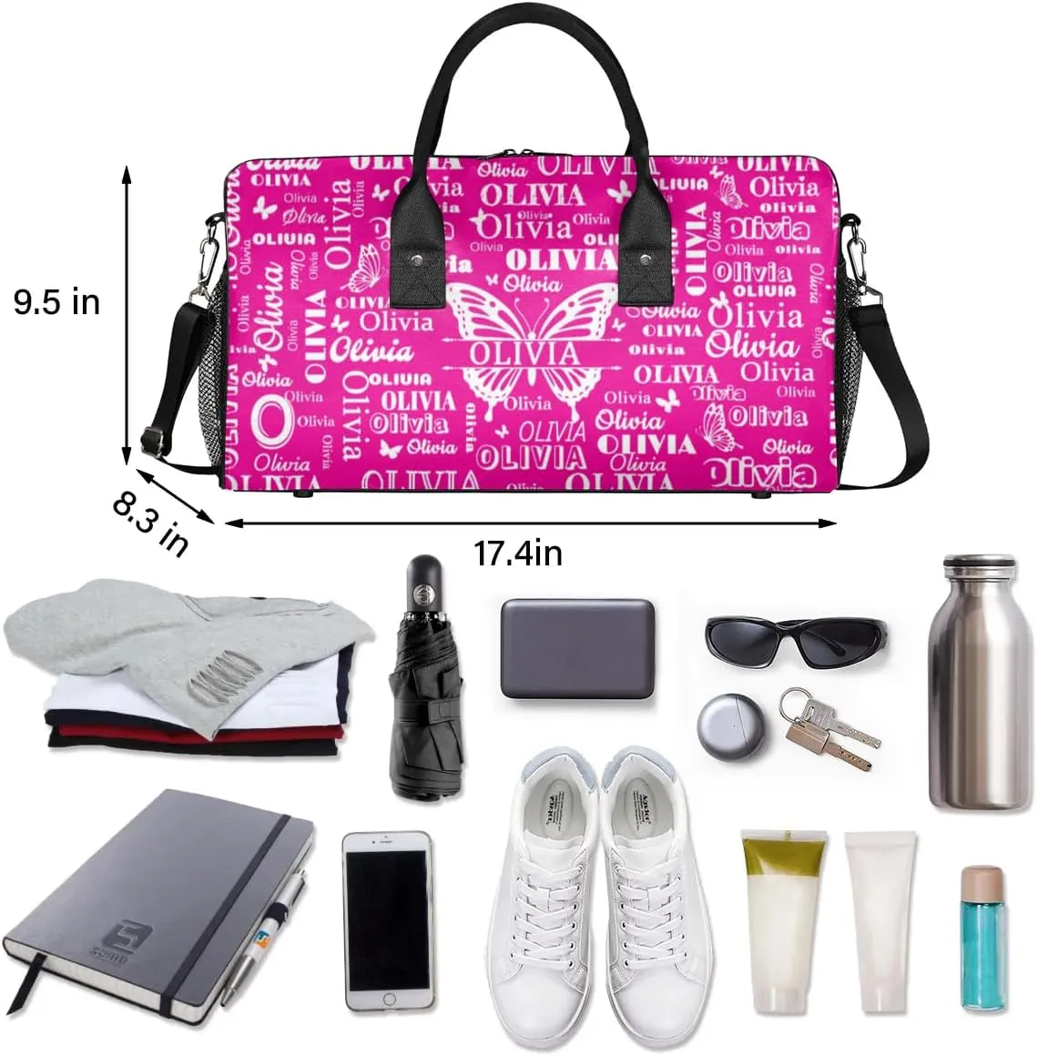 Personalized Teens Sport Duffle Gymnastics Bag, Custom Names Butterflies Carry On Weekender Bag for Women Men Travel Business Trip, Rosy Pink Background