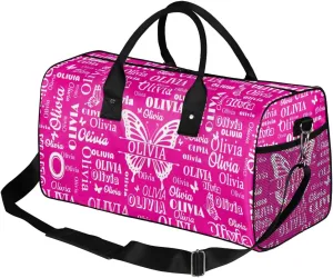 Personalized Teens Sport Duffle Gymnastics Bag, Custom Names Butterflies Carry On Weekender Bag for Women Men Travel Business Trip, Rosy Pink Background