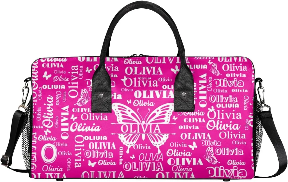 Personalized Teens Sport Duffle Gymnastics Bag, Custom Names Butterflies Carry On Weekender Bag for Women Men Travel Business Trip, Rosy Pink Background