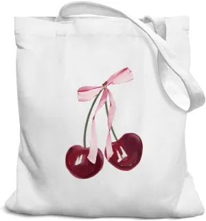 Pink Bow Canvas Tote Bag for Women, Coquette Cherry Sign, Reusable Grocery Bags, Shopping Gift Bag for Work Travel Shoulder Bag, Best Gift for Pink Bow Lovers, White, 020-BXCB-pink-bow