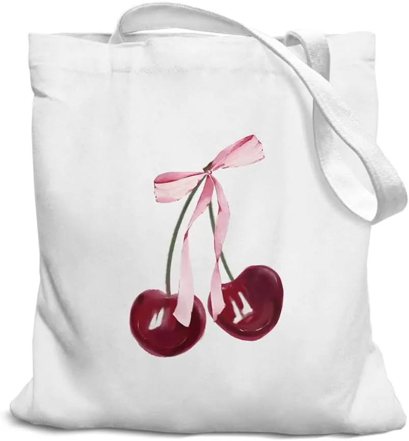 Pink Bow Canvas Tote Bag for Women, Coquette Cherry Sign, Reusable Grocery Bags, Shopping Gift Bag for Work Travel Shoulder Bag, Best Gift for Pink Bow Lovers, White, 020-BXCB-pink-bow