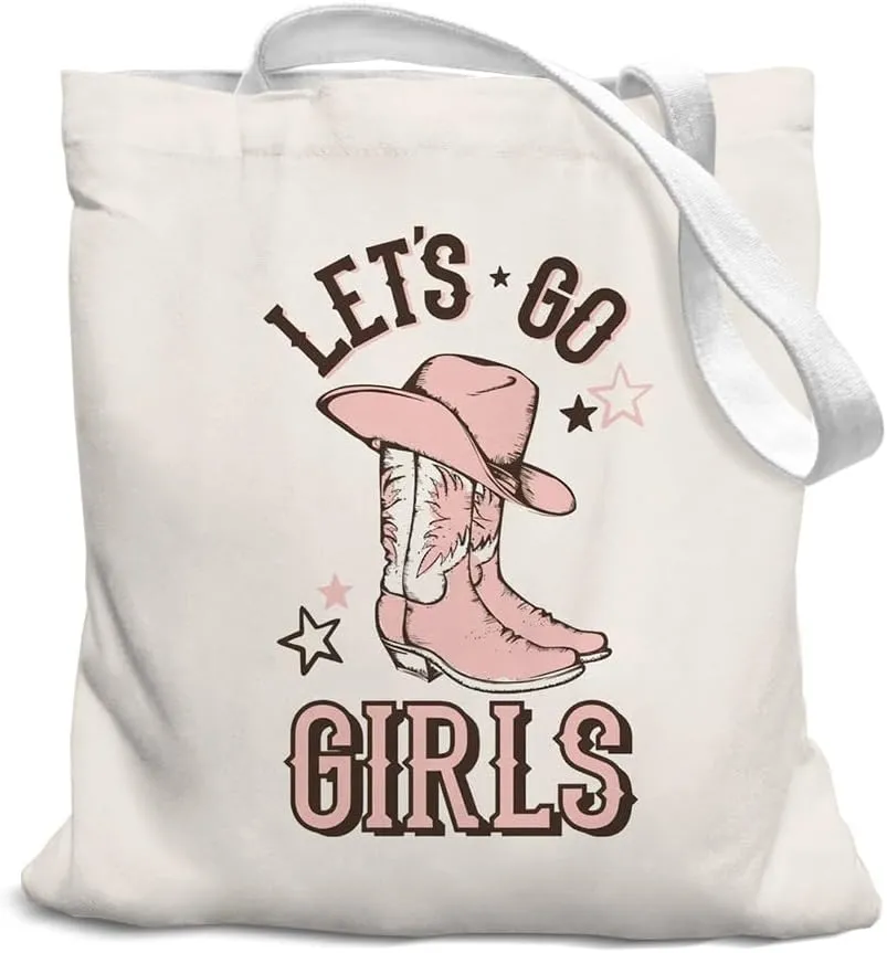 Pink Cowgirl Boots Canvas Tote Bag, Cowgirl Hat Sign, Let's Go Girls Sign, Reusable Grocery Bags, Back to School for Students, Shopping Gift Bag for Work Travel Shoulder Bag, White