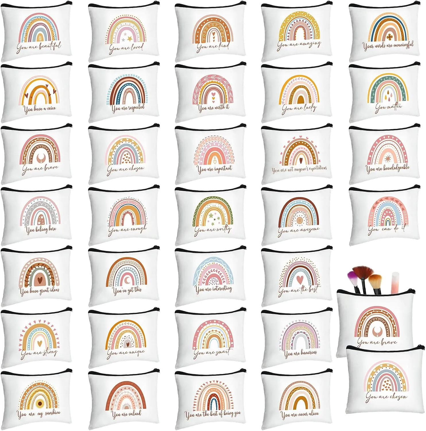 Pinkunn 32 Pcs Boho Canvas Makeup Bag Inspirational Cosmetic Bag Bulk Mother's Day Inspirational Gifts for Teacher Appreciation Gifts Women Pouch Travel Toiletry Pouch