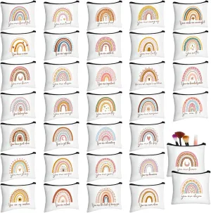 Pinkunn 32 Pcs Boho Canvas Makeup Bag Inspirational Cosmetic Bag Bulk Mother's Day Inspirational Gifts for Teacher Appreciation Gifts Women Pouch Travel Toiletry Pouch