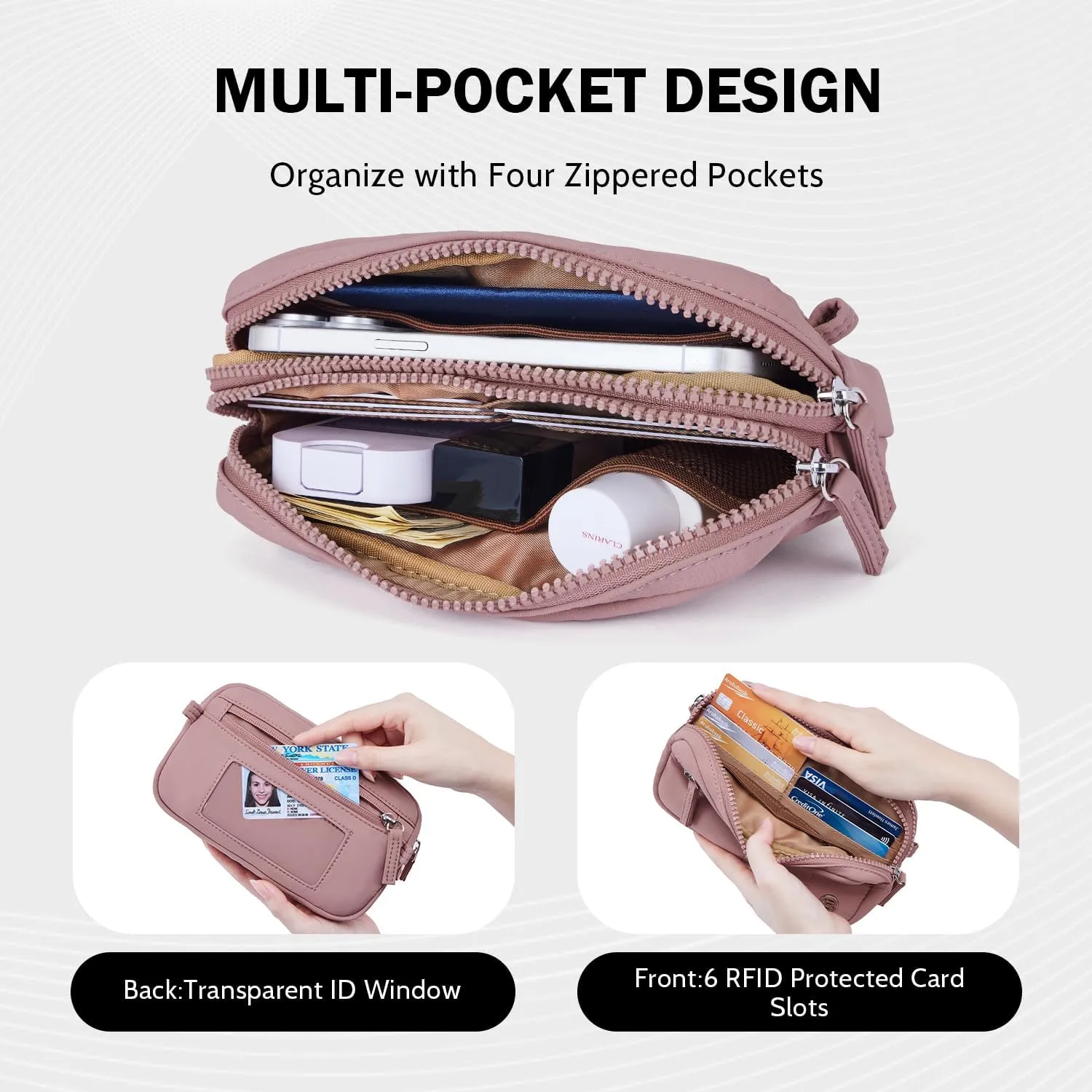 POIUGOYA Small Nylon Crossbody Bags for Women,RFID Wristlet Purse Built in Wallet, 4 Zipper Crossbody Wallet Phone Organizer
