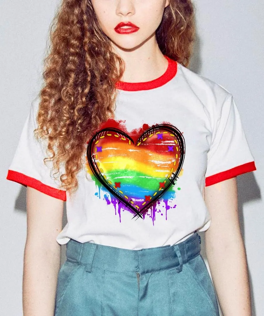 Pride Shirts for Women Pride Month Rainbow Graphic T-Shirt LGBTQ Support Red Ringer Tee