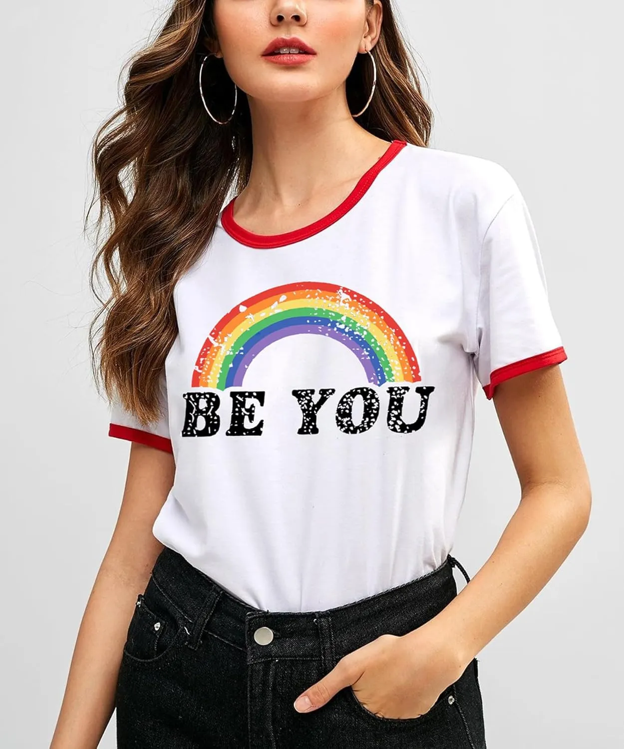 Pride Shirts for Women Pride Month Rainbow Graphic T-Shirt LGBTQ Support Red Ringer Tee