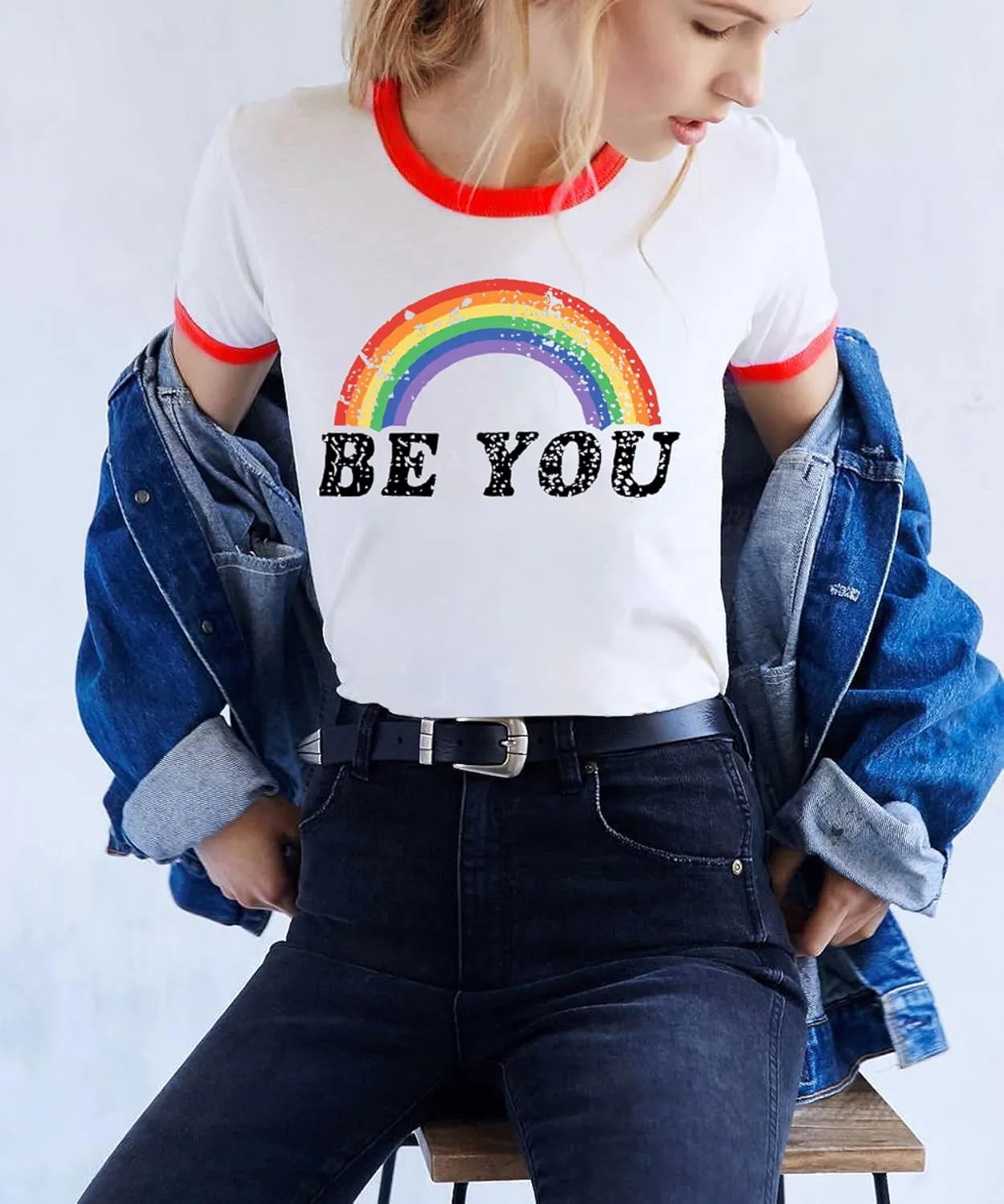 Pride Shirts for Women Pride Month Rainbow Graphic T-Shirt LGBTQ Support Red Ringer Tee