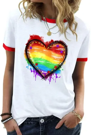 Pride Shirts for Women Pride Month Rainbow Graphic T-Shirt LGBTQ Support Red Ringer Tee