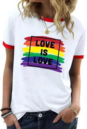 Pride Shirts for Women Pride Month Rainbow Graphic T-Shirt LGBTQ Support Red Ringer Tee