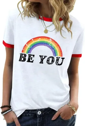 Pride Shirts for Women Pride Month Rainbow Graphic T-Shirt LGBTQ Support Red Ringer Tee