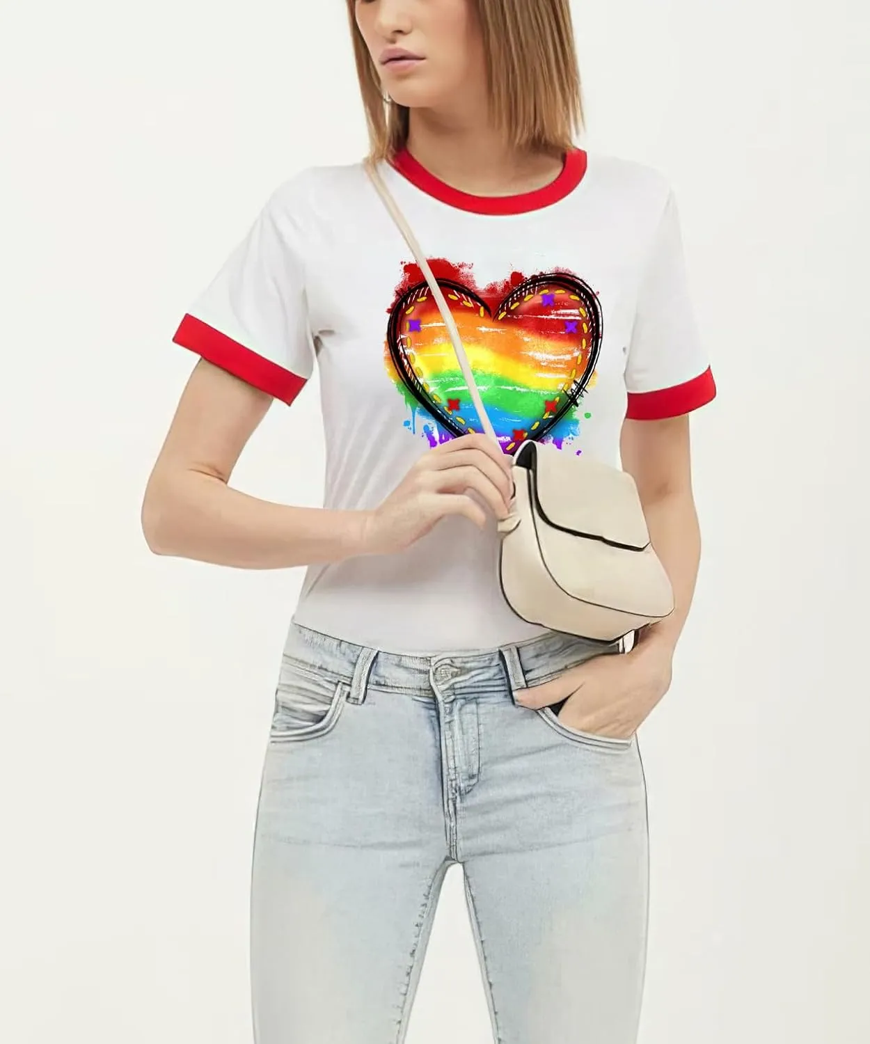 Pride Shirts for Women Pride Month Rainbow Graphic T-Shirt LGBTQ Support Red Ringer Tee