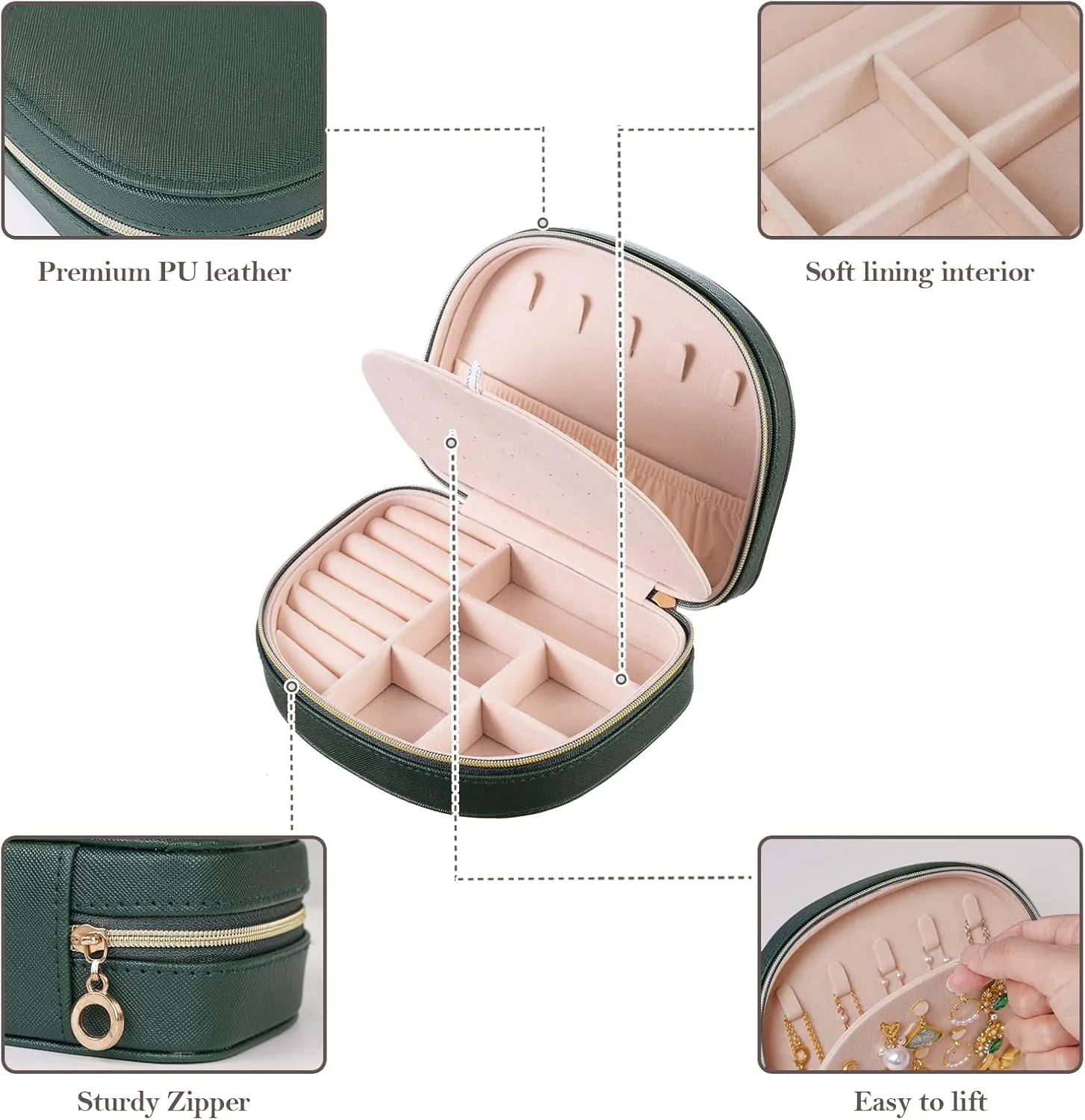 ProCase Travel Size Jewelry Box, Small Portable Seashell-Shaped Jewelry Case, 2 Layer Mini Jewelry Organizer in PU Leather for Women -Emerald