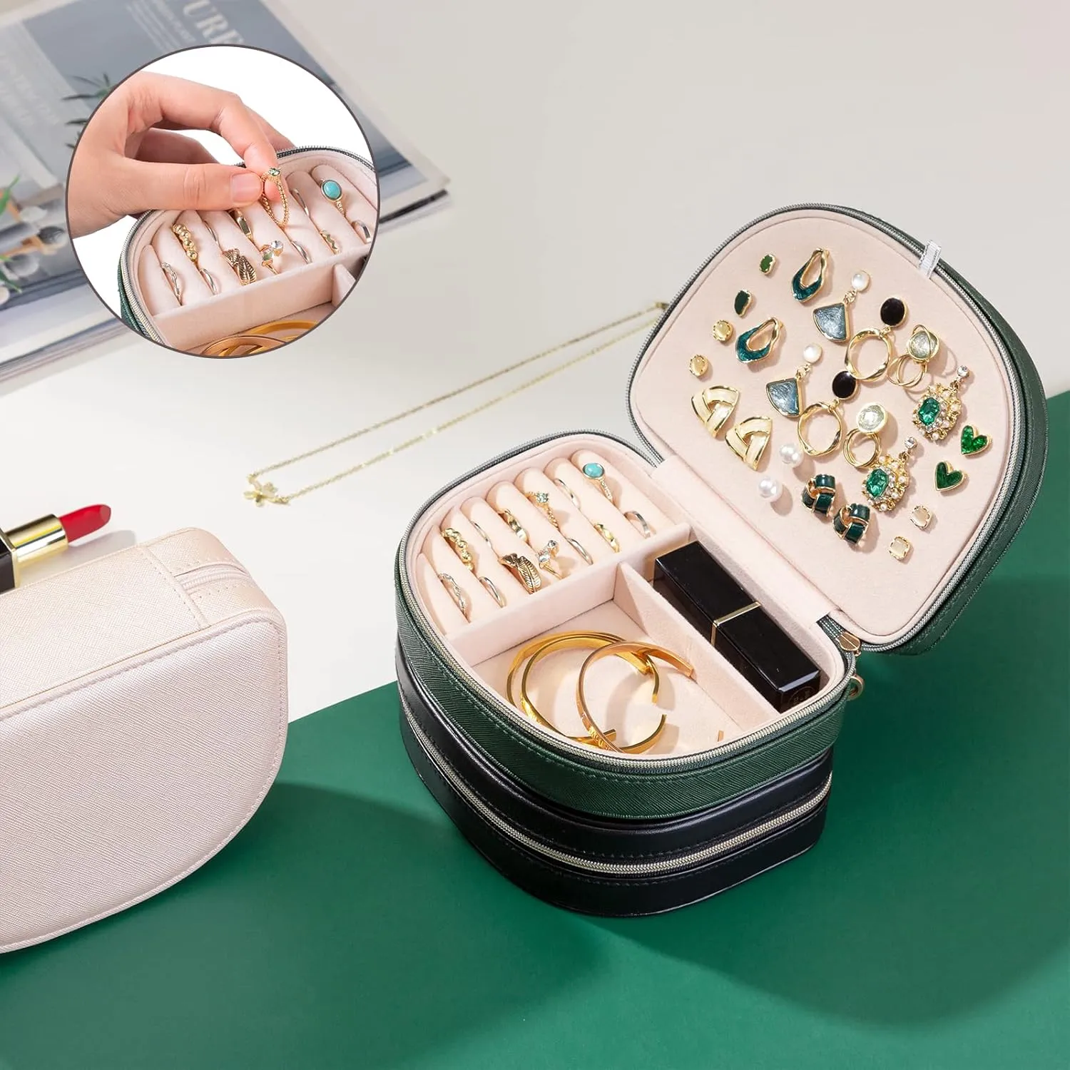 ProCase Travel Size Jewelry Box, Small Portable Seashell-Shaped Jewelry Case, 2 Layer Mini Jewelry Organizer in PU Leather for Women -Emerald