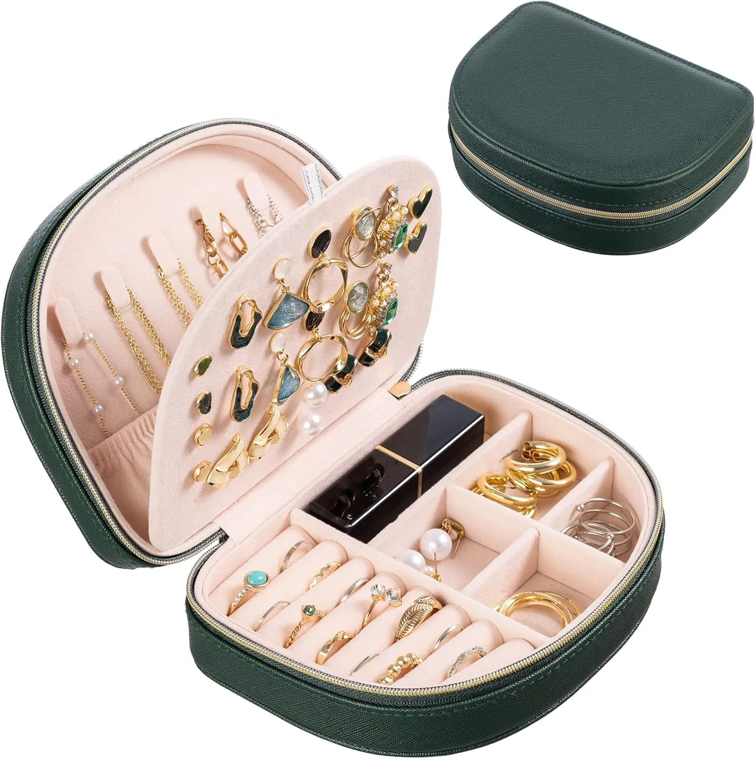 ProCase Travel Size Jewelry Box, Small Portable Seashell-Shaped Jewelry Case, 2 Layer Mini Jewelry Organizer in PU Leather for Women -Emerald